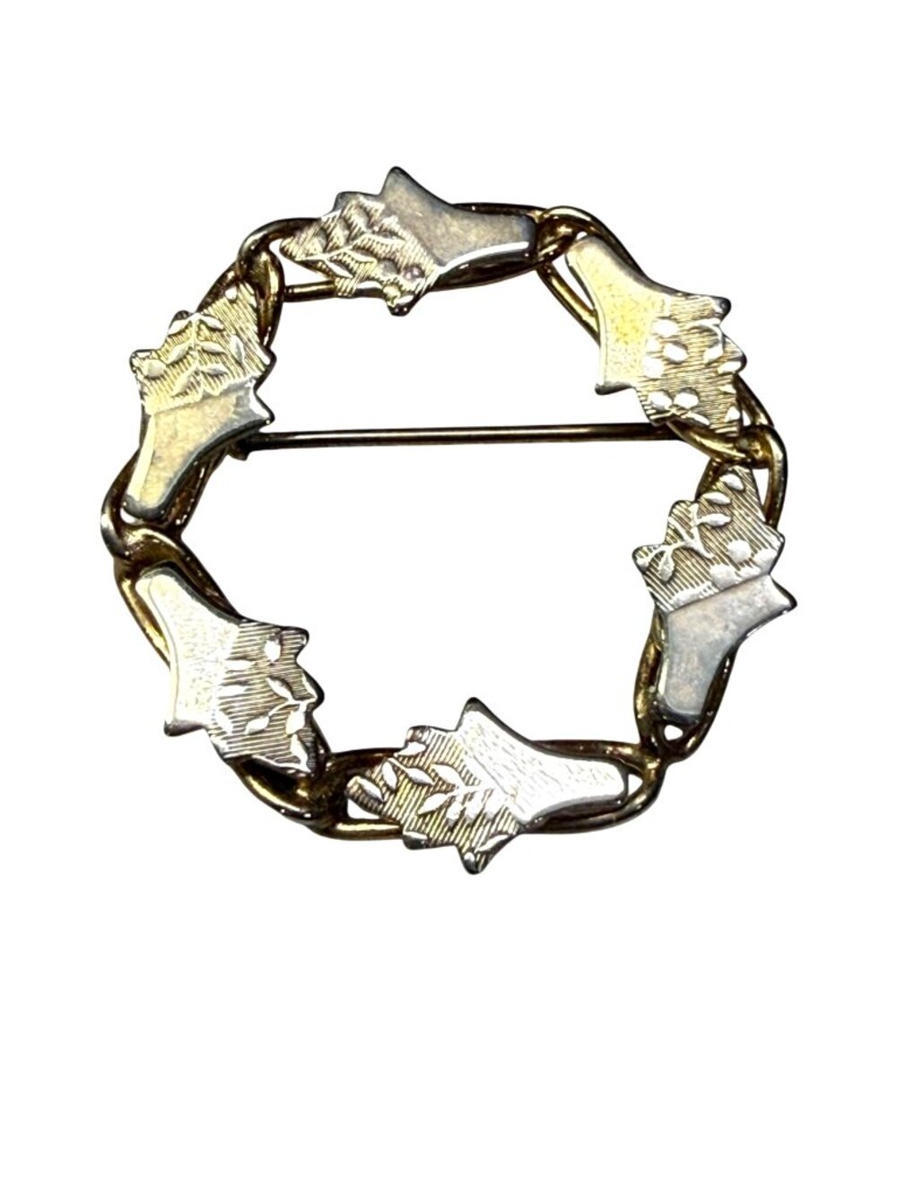 Vintage Gold & Silver-Tone Wreath Brooch With Leaf Detailing Round Pin